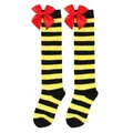 Detailed view of yellow and black striped knee-high socks with large red bows - Kids (7-12 Years) / Black/Yellow Stripes with Red Bow