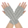 Detail view of gray cable-knit fingerless gloves with a decorative twist pattern - One Size / Light Gray