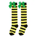 Detail view of yellow and black striped knee-high socks decorated with green satin bows. - Kids (7-12 Years) / Black/Yellow Stripes with Green Bow