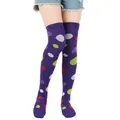 Detailed view of vibrant purple multi-colored polka dot over-the-knee socks for cosplay - One Size / Purple