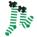 Green and white striped girl's over-the-knee socks with large black satin bows - Kids (7-12 Years) / Green White Striped / Black Bow
