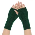 Dark green cable knit fingerless gloves providing winter outdoor warmth and comfort - One Size / Dark Green