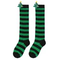 Striped children's Christmas over-the-knee socks featuring cute plush green tree dolls - 7-12 Years Old / Green Black Striped (Christmas Tree)