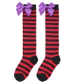 Detail view of red and black striped Halloween over-the-knee socks with purple bows - Kids (7-12 Years) / Red Black Thin Striped/Purple Bow