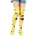 Bright yellow over-the-knee socks featuring vibrant multi-colored polka dots for cosplay events. - One Size / Yellow