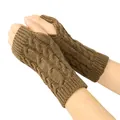 Warm brown cable knit fingerless arm warmers with thumb holes for autumn and winter wear - One Size / Dark Khaki
