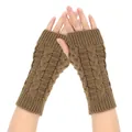 Detailed close-up of brown cable-knit fingerless gloves highlighting the warm texture. - One Size / Khaki/Dark Brown