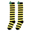 Detailed view of children's striped Christmas socks with plush tree ornaments. - 7-12 Years Old / Black Yellow Striped (Christmas Tree)