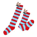 Close-up detail of festive red and blue striped Christmas knee-high socks for kids. - Kids (7-12 Years) / Blue Red Stripes / Bow Reindeer