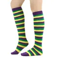 Detailed view of Mardi Gras themed purple, green, and yellow striped knee-high socks. - One Size / Purple Color Stripes