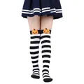 Halloween over-the-knee striped socks for kids with cute plush pumpkin demon decor - Kids (7-12 Years) / Black & White Wide Stripes