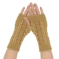 Close-up of cable knit fingerless gloves in camel color showing texture and fit - One Size / Camel