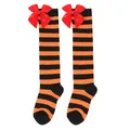 Detail of orange and black striped girls' over-the-knee socks with red satin bows - Kids (7-12 Years) / Orange and Black Stripes with Red Bow