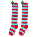 Close-up of kids' Christmas knee-high socks with red and blue stripes and plush trees - 7-12 Years Old / Blue Red Striped (Christmas Tree)