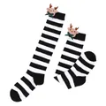 Detailed view of children's Christmas long socks with reindeer doll and black stripes - Kids (7-12 Years) / Wide Black White Stripes / Bow Reindeer