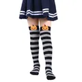 Close-up of kids' Halloween striped over-the-knee socks with plush pumpkin detail - Kids (7-12 Years) / Grey Black Striped