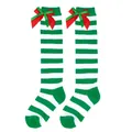 Kids Christmas over-the-knee striped socks with festive red and green layered bows - Kids (7-12 Years) / Double Layer Bow / Green & White Stripes