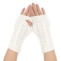 Detailed view of white cable knit fingerless gloves showing texture and fit on human hands - One Size / White