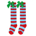 Red and light blue striped knee-high socks for girls decorated with large green satin bows - Kids (7-12 Years) / Blue and Red Stripes with Green Bow