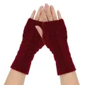 Macro detail of burgundy cable-knit fingerless gloves designed for winter warmth and outdoor use - One Size / Burgundy