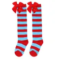 Detail shot of red and blue striped girls knee-high socks with big red bows. - Kids (7-12 Years) / Blue and Red Stripes with Red Bow