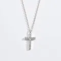 Close-up of elegant silver cross pendant necklace with sparkling moissanite stones - Classic Cross / White Gold Color