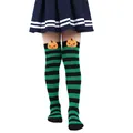 Close-up of green and black striped Halloween socks with plush pumpkin characters. - Kids (7-12 Years) / Green Black Stripes