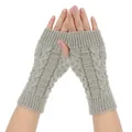 Grey cable knit fingerless gloves showing detailed arm warmer texture and ribbed cuffs - One Size / Light Gray