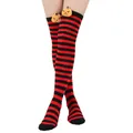 Detail of red and black striped over-the-knee socks with plush pumpkins for Halloween party COS - One Size / Pumpkin Doll Decoration / Black and Red Striped