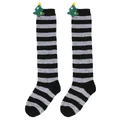 Detailed view of children's grey and black striped socks with plush Christmas trees. - 7-12 Years Old / Gray Black Striped (Christmas Tree)