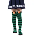Festive green and black striped Christmas over-the-knee socks featuring cute reindeer dolls - 7-12 Years Old / Green Black Stripes