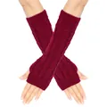 Macro view of burgundy cable knit long fingerless arm warmers for winter warmth - One Size / Burgundy