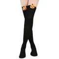 Close-up of black over-the-knee socks with cute Halloween pumpkin plush details - One Size / Pumpkin Doll Decoration / Solid Black