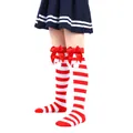 Red and white striped girls' Christmas socks with festive red bows and soft white pom-poms. - Children (7-12 Years) / Red and White Wide Stripes with Red Pom-pom (21#)