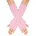Primo piano di scaldabraccia senza dita in maglia a treccia rosa su mani incrociate - Taglia unica / Rosa