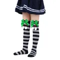Detailed view of children's Christmas striped over-the-knee socks with green bows - Children (7-12 Years) / Grey Black Stripe With Green Pom-pom (14#)