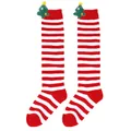 Detailed view of children's red and white striped over-the-knee socks with plush decorations - 7-12 Years Old / Thin Red White Striped (Christmas Tree)