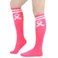 Pink breast cancer awareness knee-high socks with white stripes and ribbon pattern - One Size / Rose Red