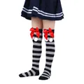 Detailed view of children's striped knee-high socks with red bows and pom-poms - Children (7-12 Years) / Grey Black Stripe With Red Pom-pom (13#)