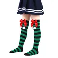Detail view of children's Christmas over-the-knee socks with red bows and white pom-poms - Children (7-12 Years) / Green Black Stripe With Red Pom-pom (7#)