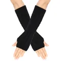 Detailed view of black cable-knit fingerless long gloves arm warmers worn on crossed hands - One Size / Black