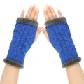 Detailed view of blue knitted fingerless gloves with grey faux fur trim on white background - One Size / Light Blue