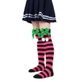 Detailed view of pink and black striped children's over-the-knee socks with green ribbon bows - Children (7-12 Years) / Rose Red and Black Stripes with Green Pom-pom (26#)