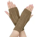 Winter warm knitted fingerless gloves with cable knit pattern for smartphone use - One Size / Khaki