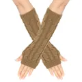 Detail shot of khaki cable-knit fingerless long arm warmers for autumn and winter. - One Size / Khaki