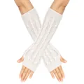 Detailed macro view of off-white cable knit fingerless long winter arm warmer gloves for women - One Size / White