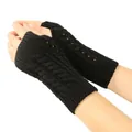 Black cable knit fingerless gloves with hollow-out design for winter warmth - One Size / Black