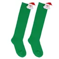 Detailed view of green knee-high children's socks featuring a 3D plush Santa Claus - 7-12 Years Old / Solid Green Santa Style