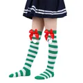 Festive green striped children's Christmas over-the-knee socks with red bow and pom-pom - Children (7-12 Years) / Green White Stripe With Red Pom-pom (35#)