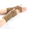 Close-up of brown diamond cable knit fingerless gloves on a white background. - One Size / Khaki
